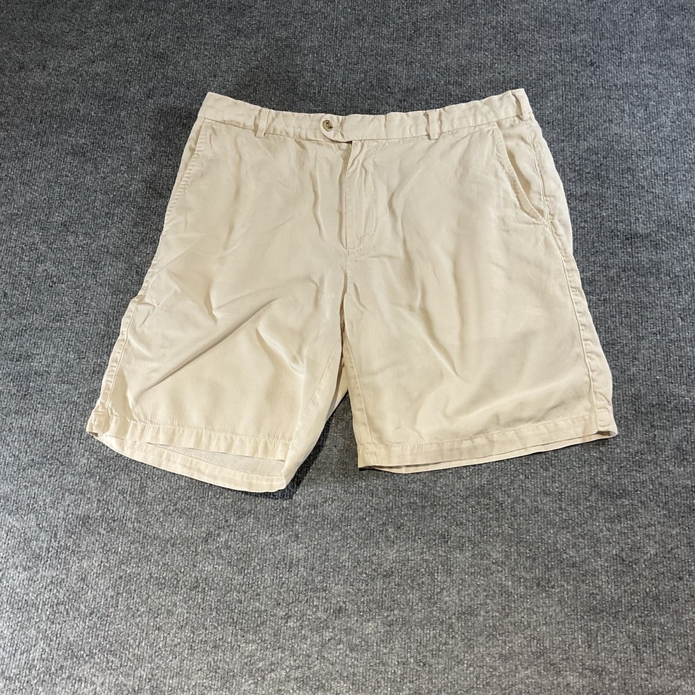 Peter Millar Mens Beige Linen Silk Cotton Blend Flat Front Shorts Size 36